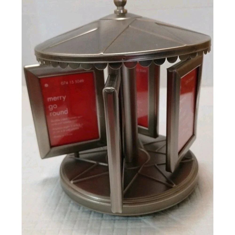 VTG Merry Go Round Double Sided Frame Spin & Unit 360° 2×3 Photos Metal Pewter
